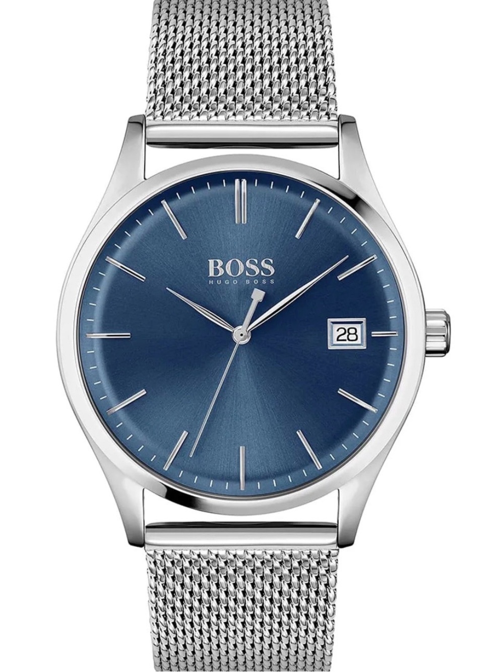 Hugo Boss Men's Silver Mesh Watch with Blue Dial